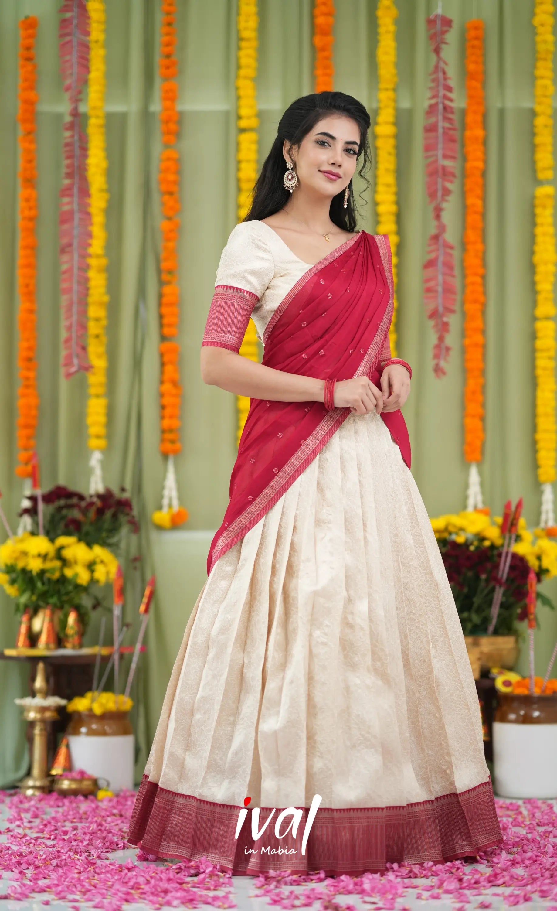 Padmakshi Blended Silk Halfsaree Off white and Red Half Sarees