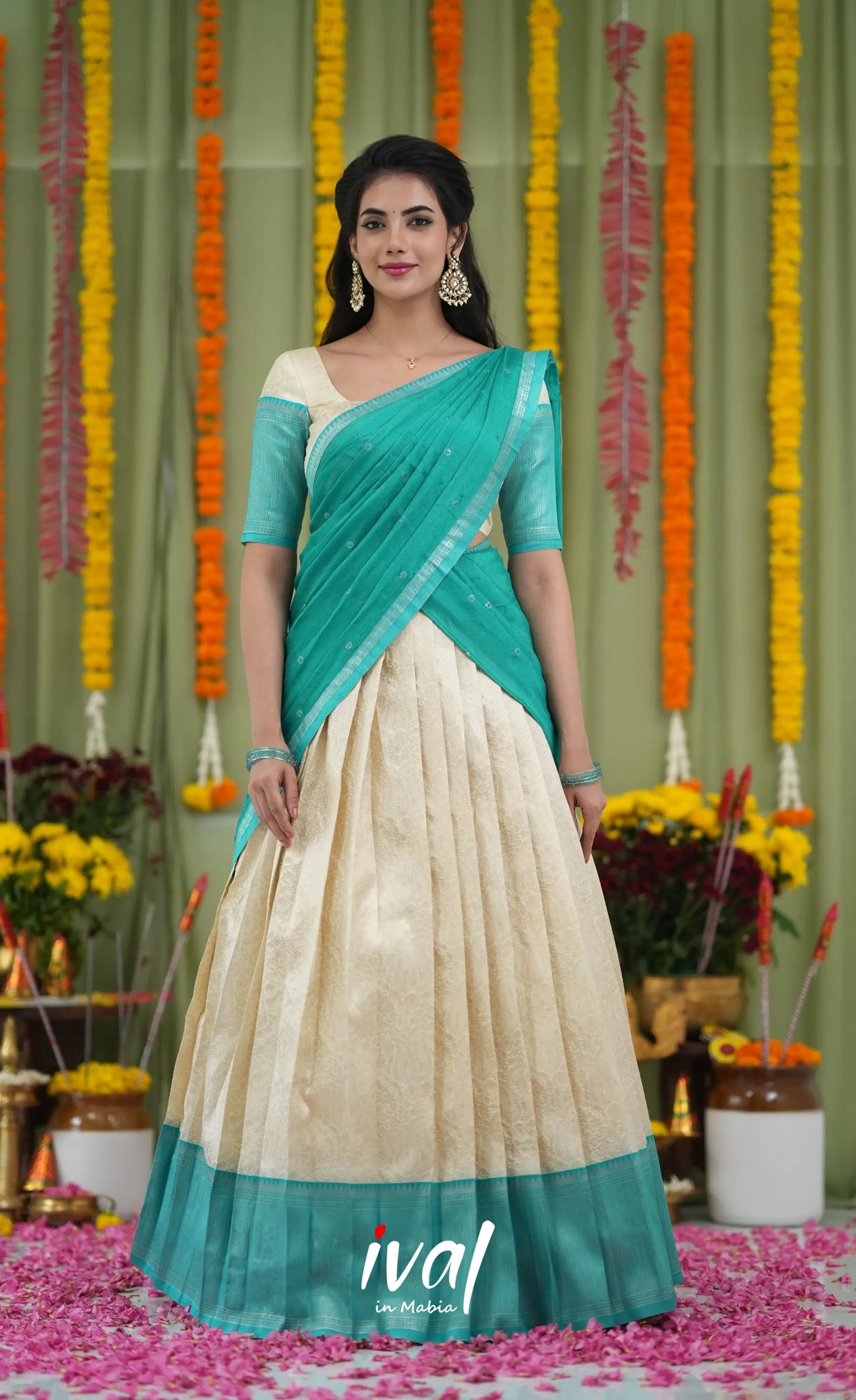 Padmakshi Blended Silk Halfsaree Off white and Teal Half Sarees