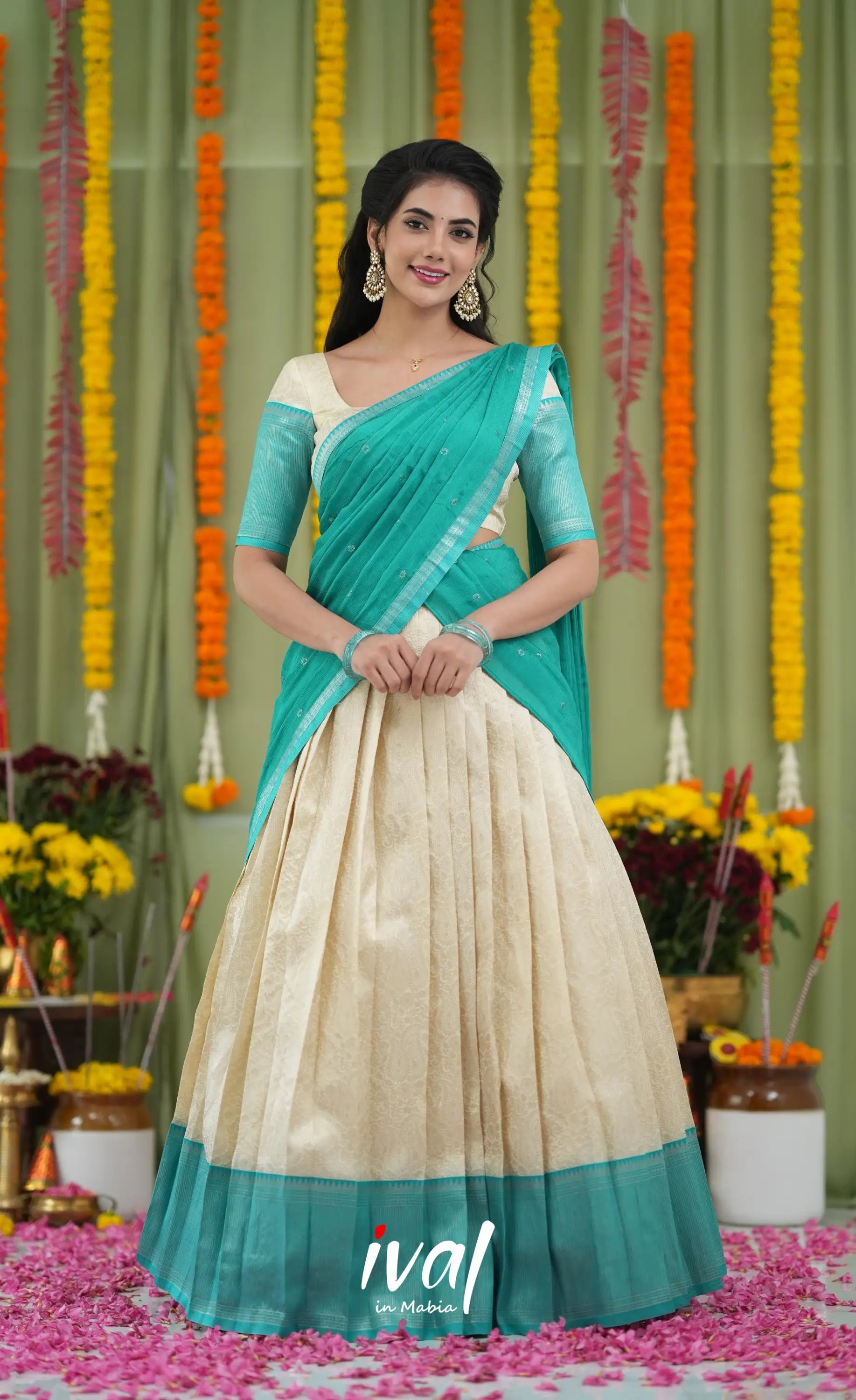 Padmakshi Blended Silk Halfsaree Off white and Teal Half Sarees