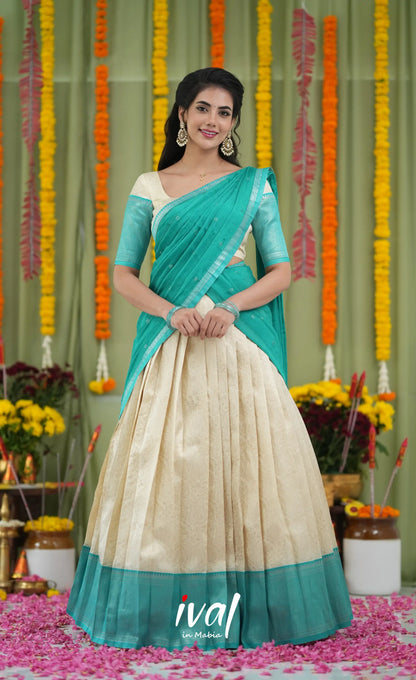 Padmakshi Blended Silk Halfsaree Off white and Teal Half Sarees