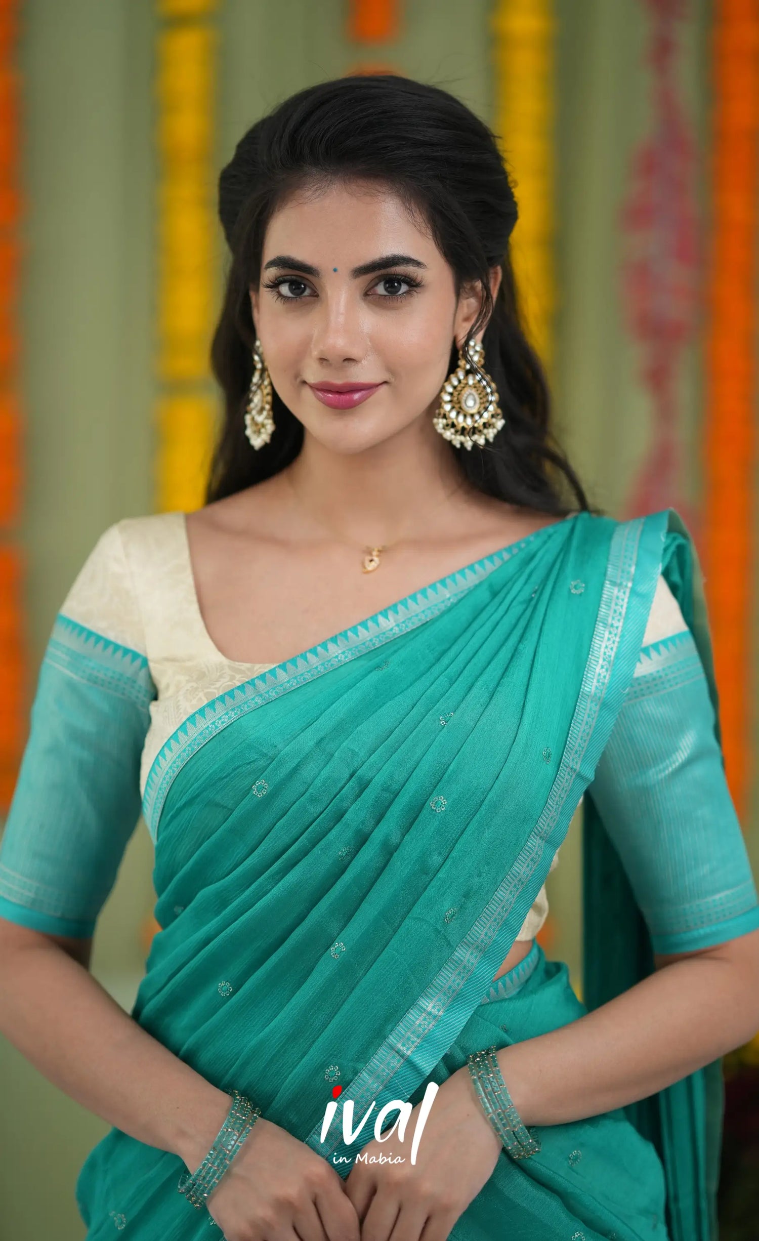 Padmakshi Blended Silk Halfsaree Off white and Teal Half Sarees