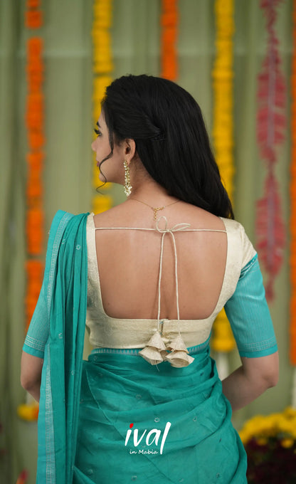 Padmakshi Blended Silk Halfsaree Off white and Teal Half Sarees