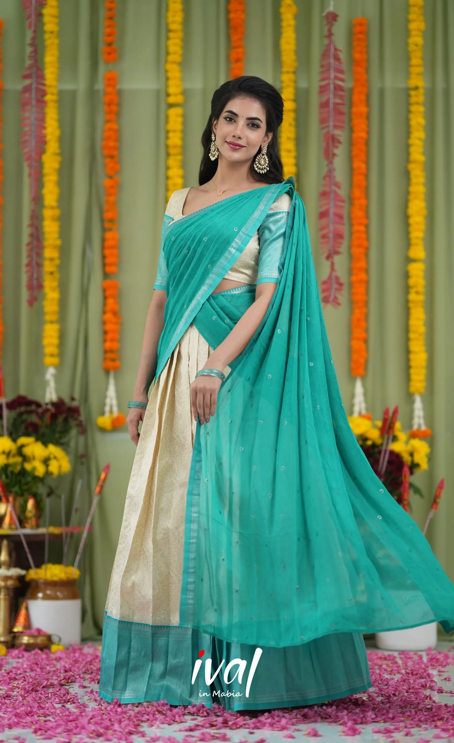 Padmakshi Blended Silk Halfsaree Off white and Teal Half Sarees