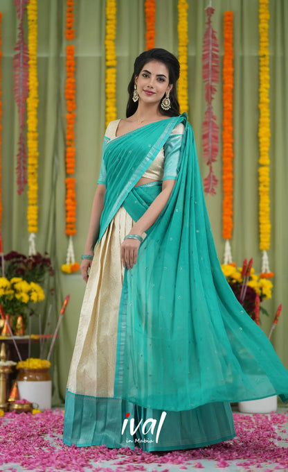 Padmakshi Blended Silk Halfsaree Off white and Teal Half Sarees