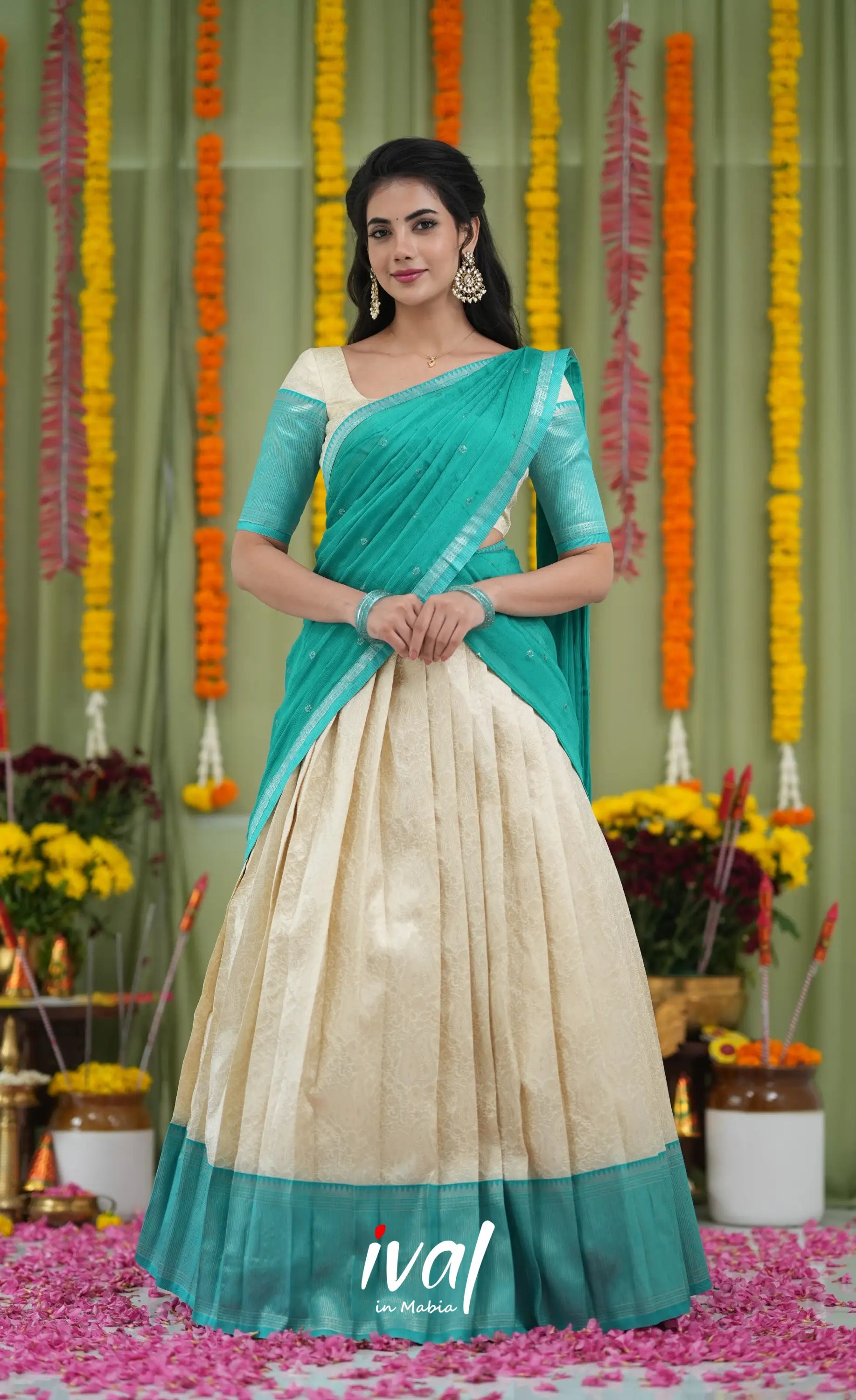 Padmakshi Blended Silk Halfsaree Off white and Teal Half Sarees