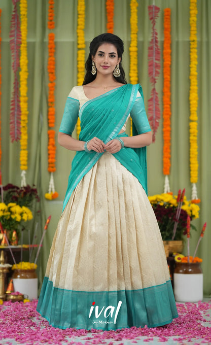 Padmakshi Blended Silk Halfsaree Off white and Teal Half Sarees