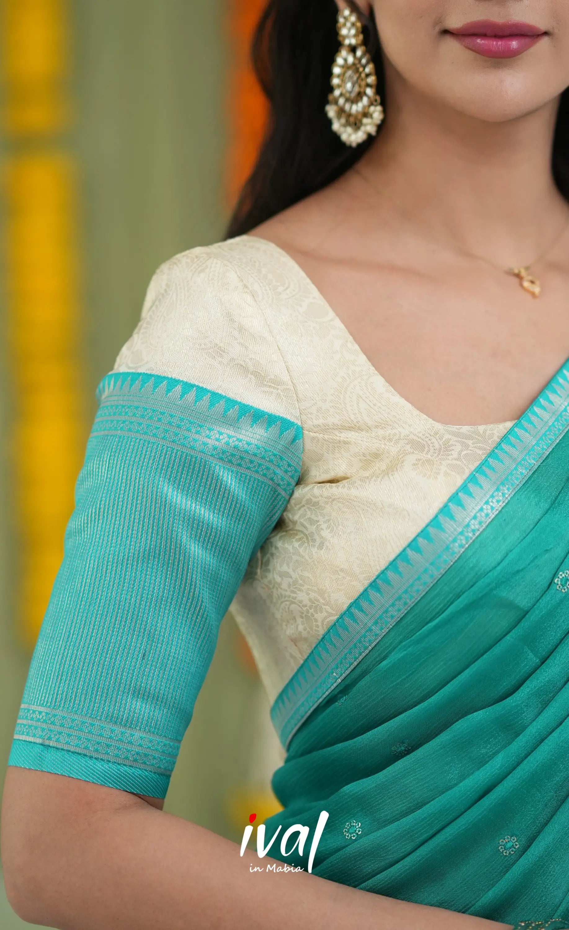 Padmakshi Blended Silk Halfsaree Off white and Teal Half Sarees