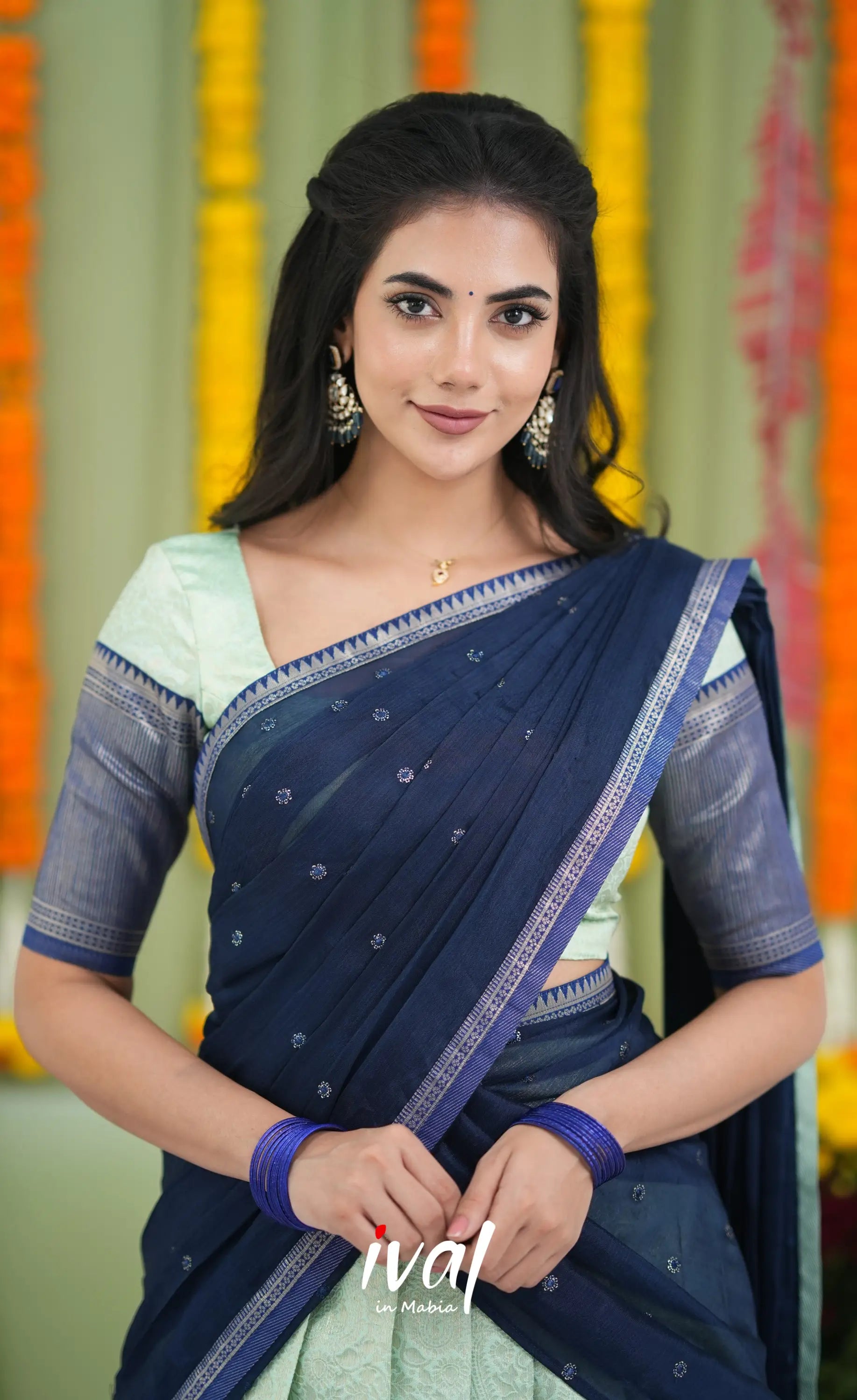 Padmakshi Blended Silk Halfsaree Pastel Blue and Dark Blue Half Sarees
