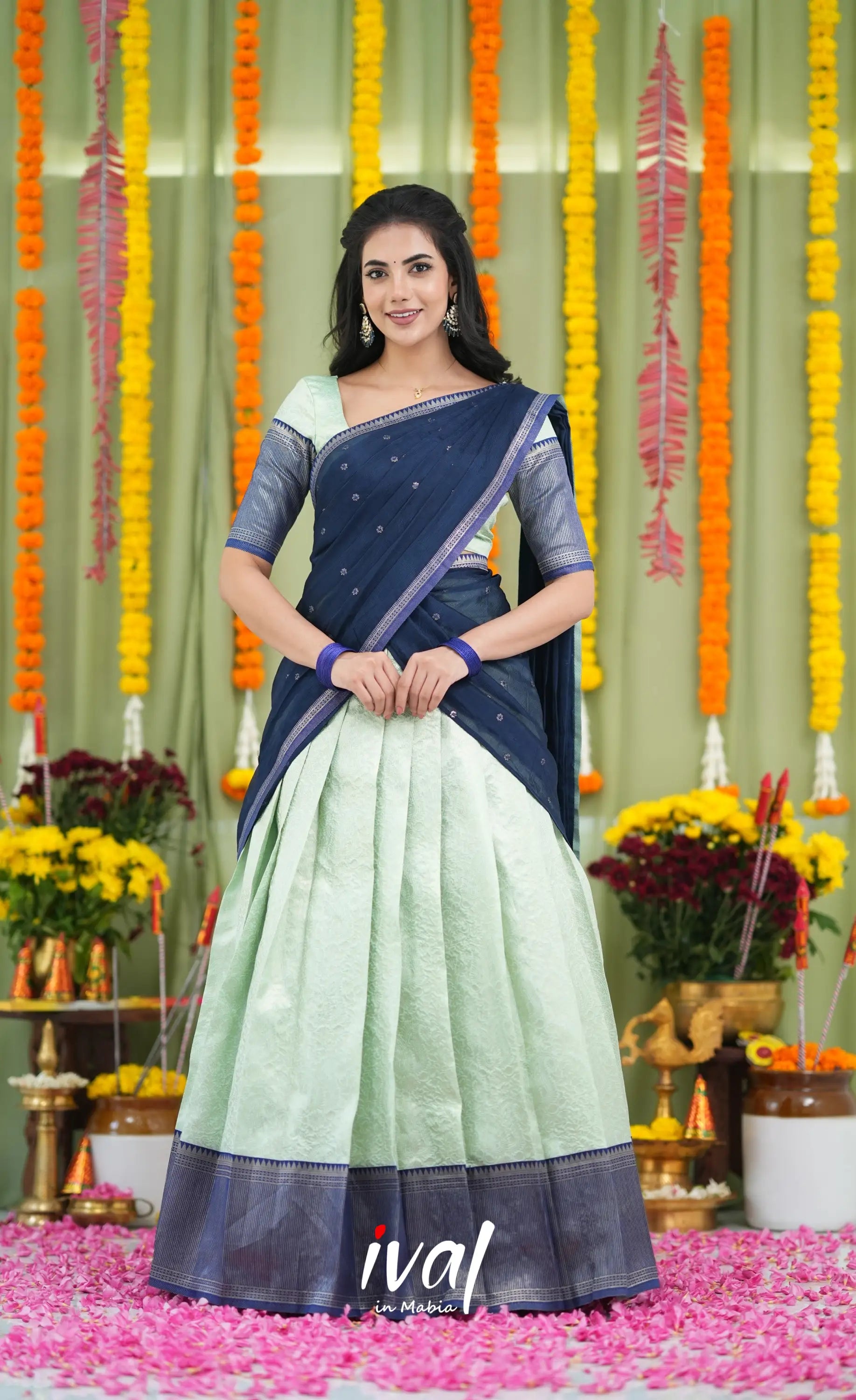 Padmakshi Blended Silk Halfsaree Pastel Blue and Dark Blue Half Sarees