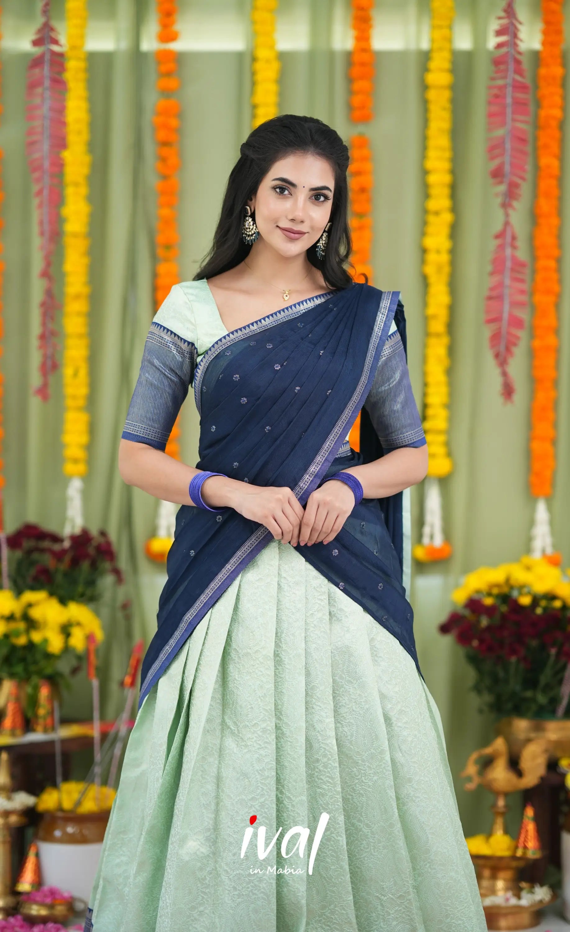 Padmakshi Blended Silk Halfsaree Pastel Blue and Dark Blue Half Sarees