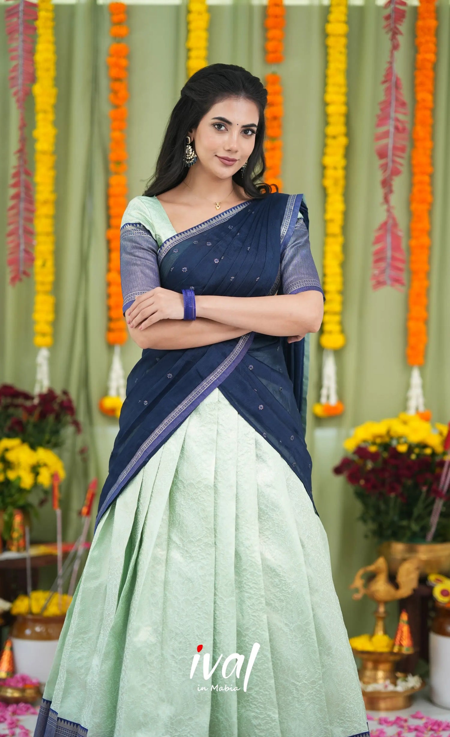 Padmakshi Blended Silk Halfsaree Pastel Blue and Dark Blue Half Sarees