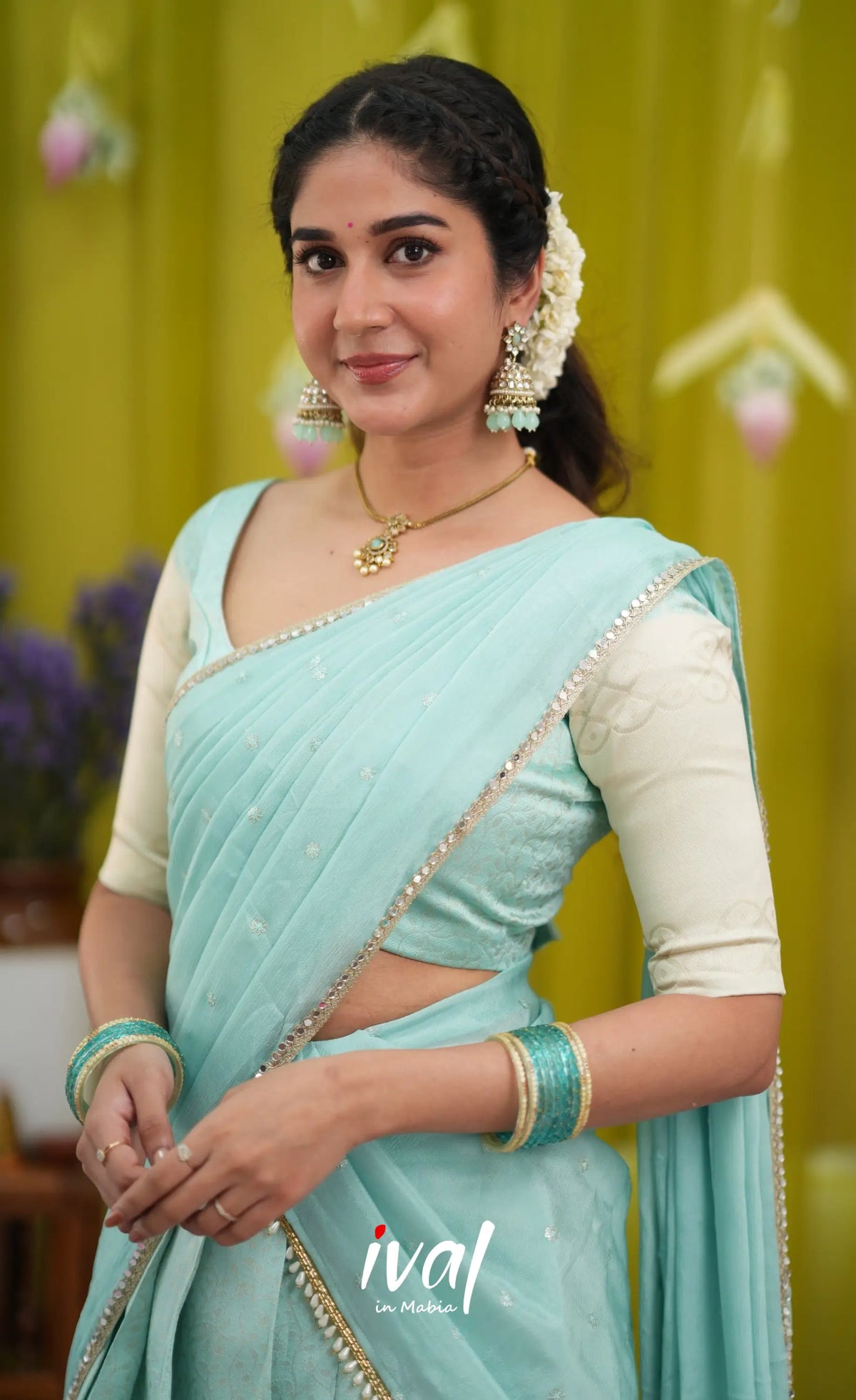 Padmakshi Blended Silk Halfsaree - Pastel Blue and Off White - Half Sarees