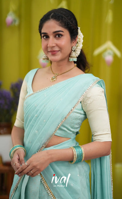 Padmakshi Blended Silk Halfsaree - Pastel Blue and Off White - Half Sarees