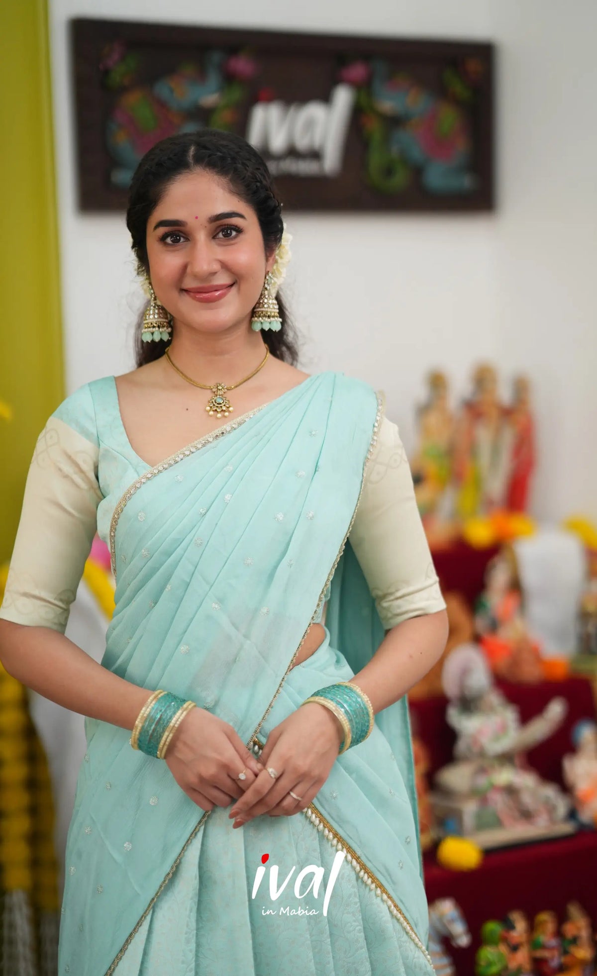 Padmakshi Blended Silk Halfsaree - Pastel Blue and Off White - Half Sarees