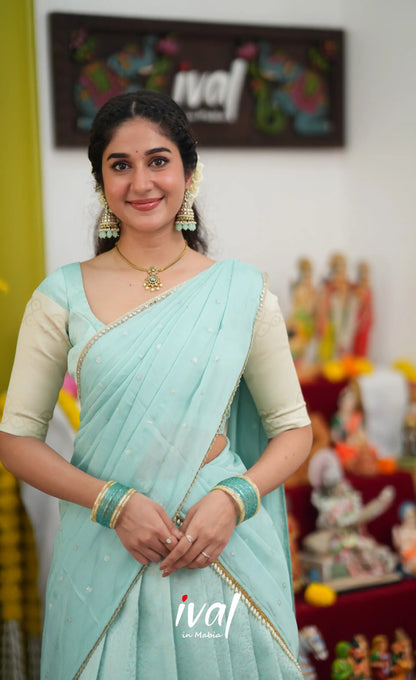 Padmakshi Blended Silk Halfsaree - Pastel Blue and Off White - Half Sarees