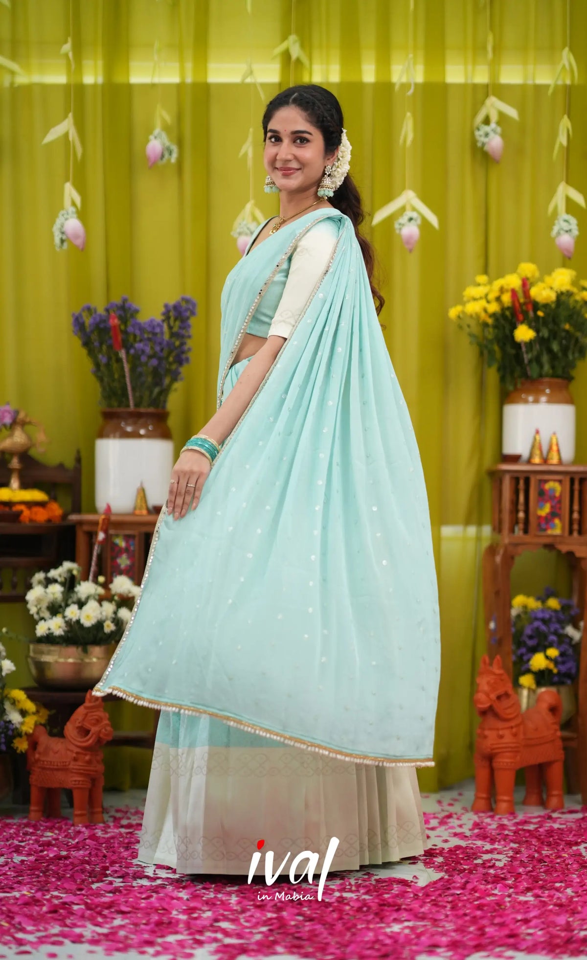 Padmakshi Blended Silk Halfsaree - Pastel Blue and Off White - Half Sarees