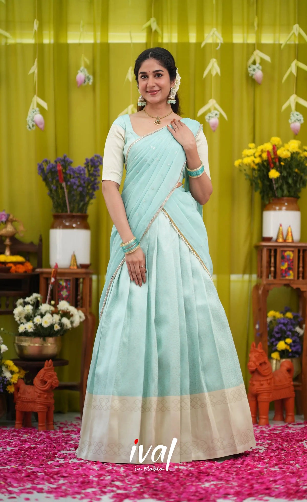 Padmakshi Blended Silk Halfsaree - Pastel Blue and Off White - Half Sarees