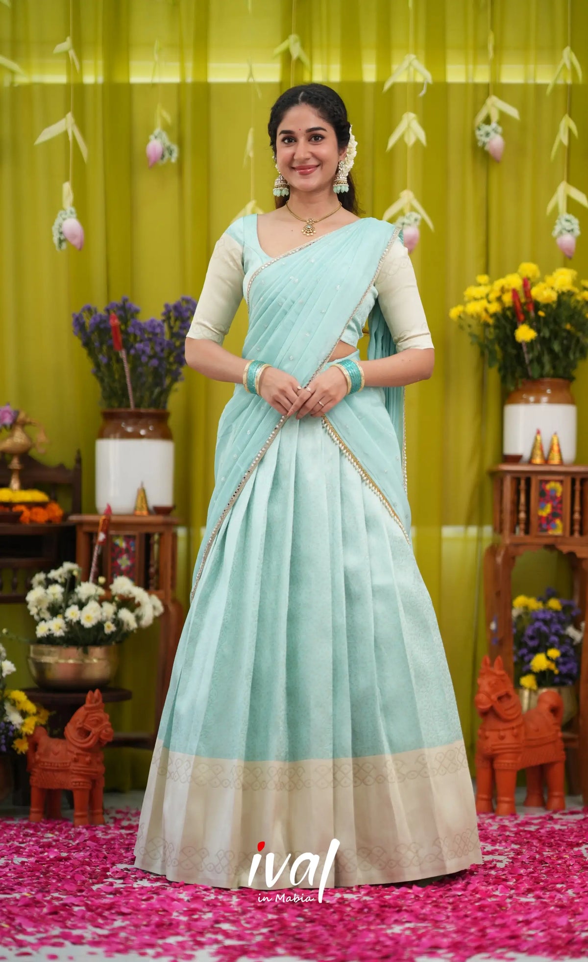 Padmakshi Blended Silk Halfsaree - Pastel Blue and Off White - Half Sarees