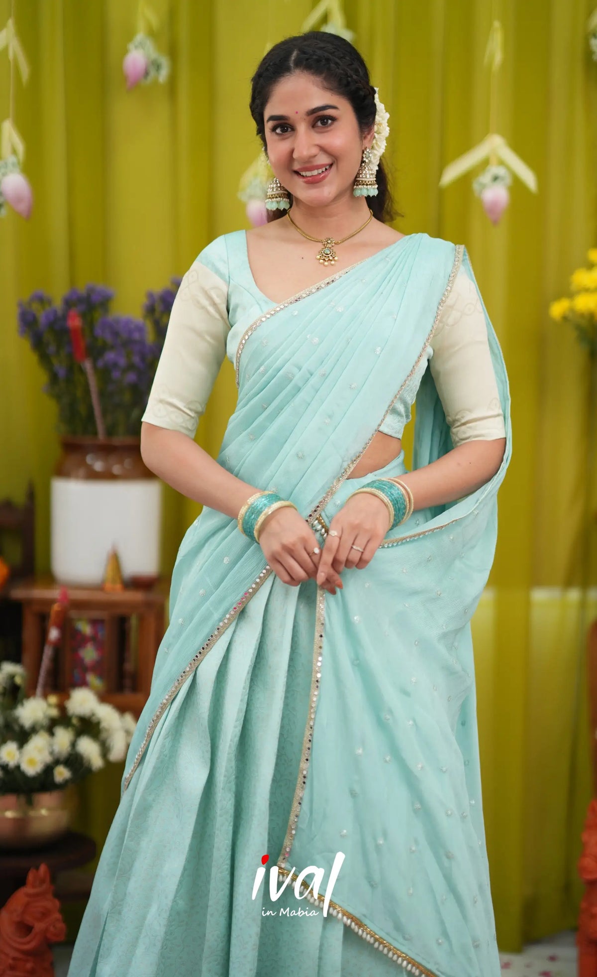 Padmakshi Blended Silk Halfsaree - Pastel Blue and Off White - Half Sarees