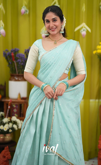 Padmakshi Blended Silk Halfsaree - Pastel Blue and Off White - Half Sarees