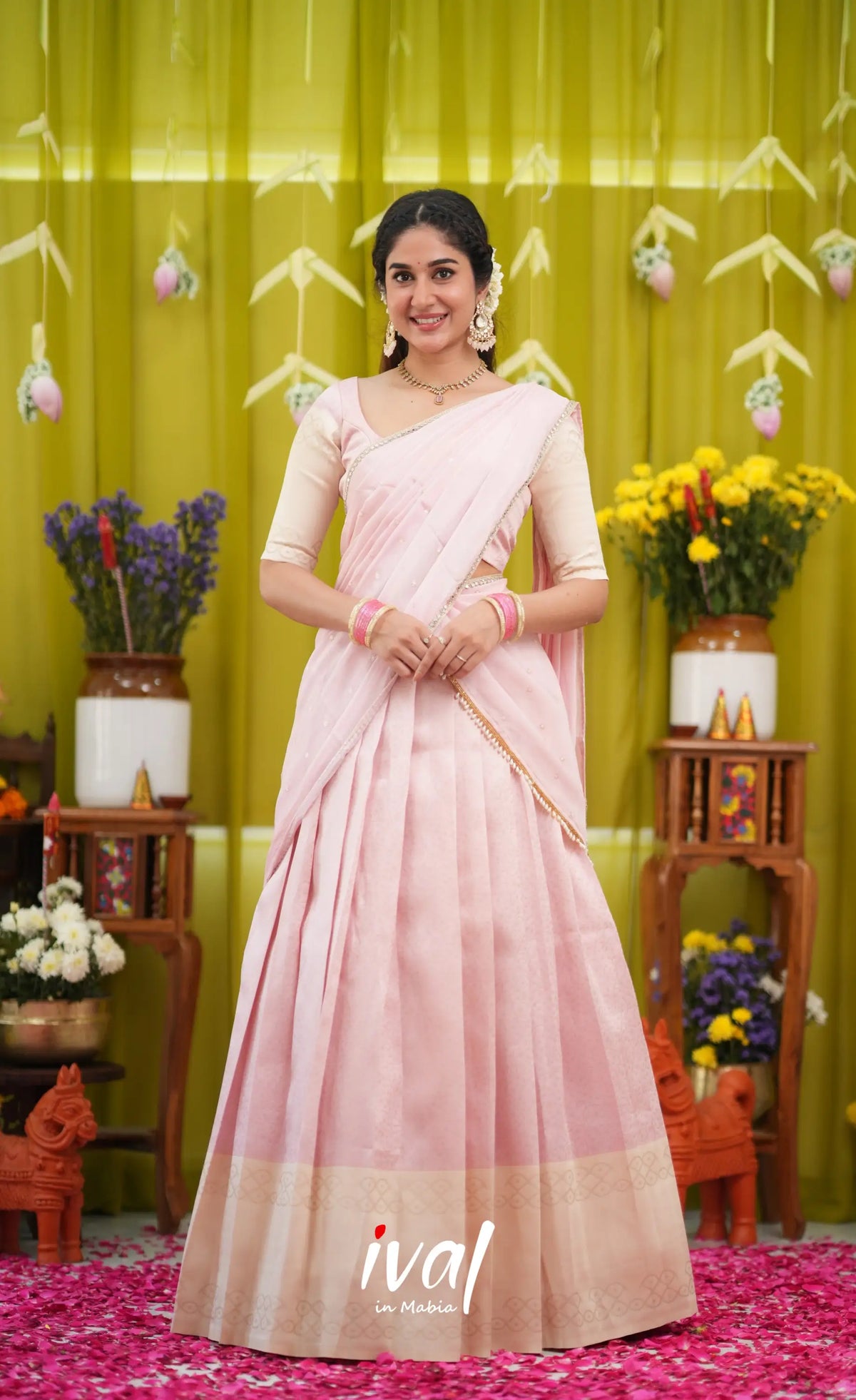 Padmakshi Blended Silk Halfsaree - Pastel Pink and Off White - Half Sarees