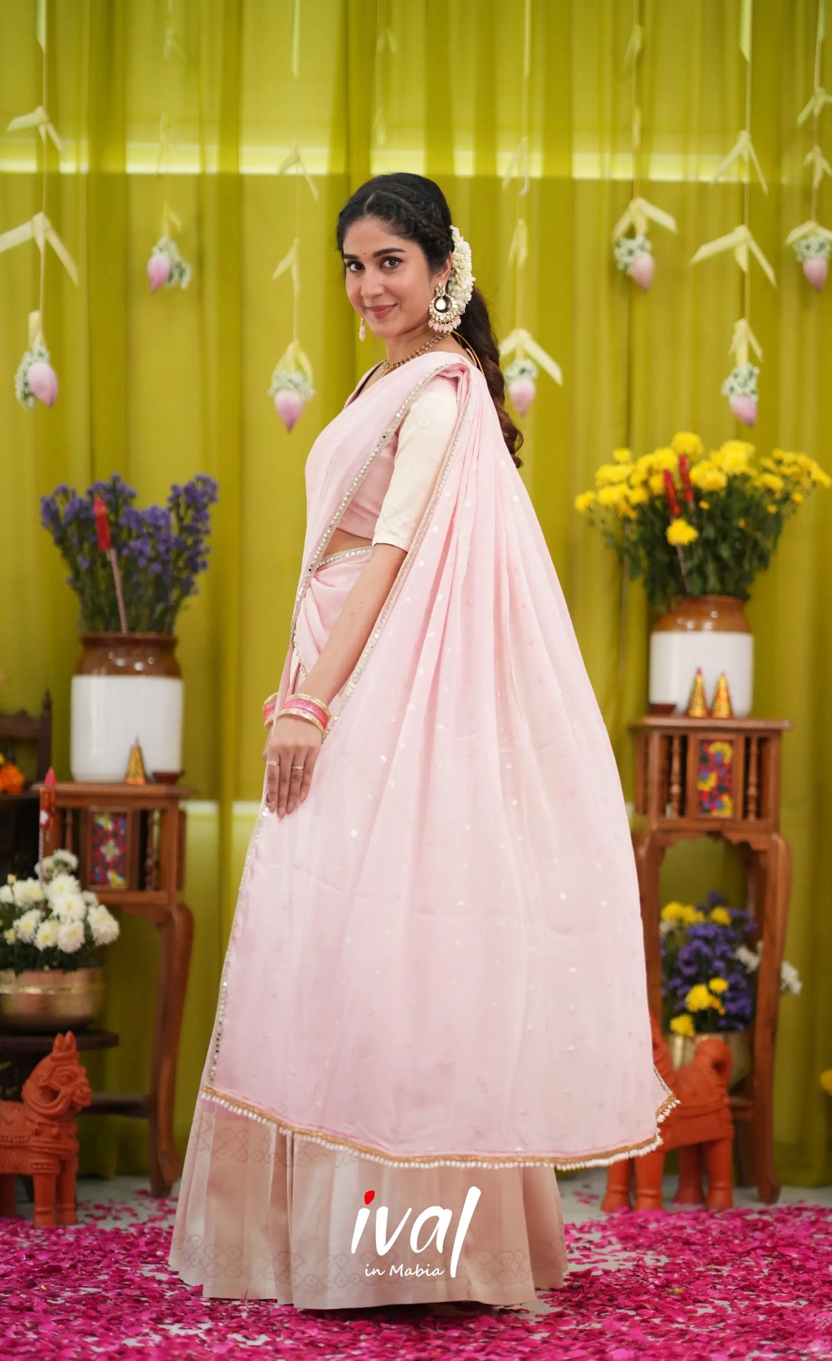 Padmakshi Blended Silk Halfsaree - Pastel Pink and Off White - Half Sarees