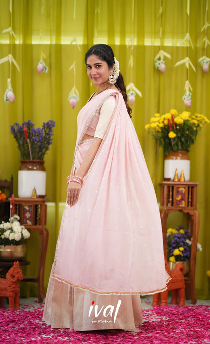 Padmakshi Blended Silk Halfsaree - Pastel Pink and Off White - Half Sarees