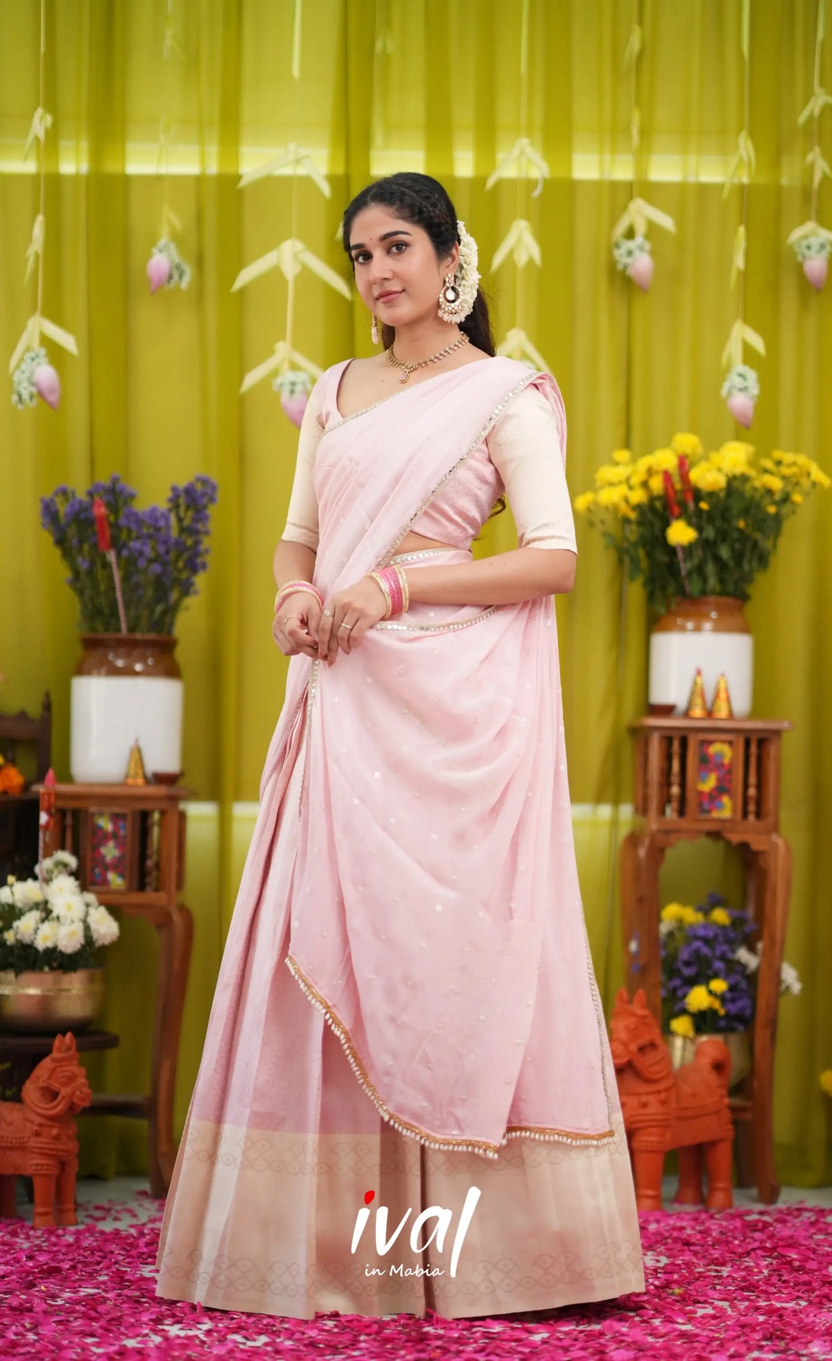 Padmakshi Blended Silk Halfsaree - Pastel Pink and Off White - Half Sarees