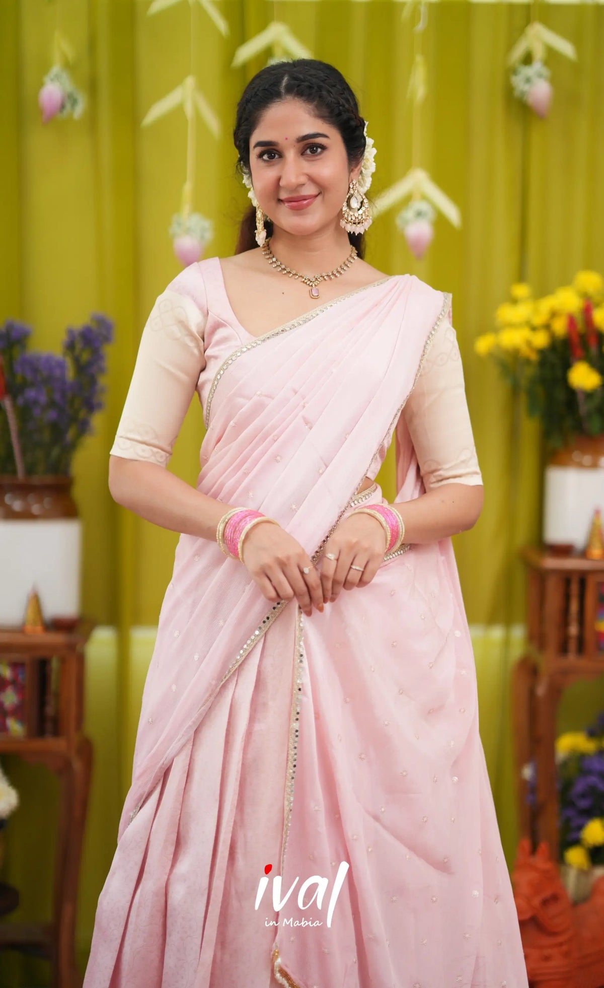 Padmakshi Blended Silk Halfsaree - Pastel Pink and Off White - Half Sarees