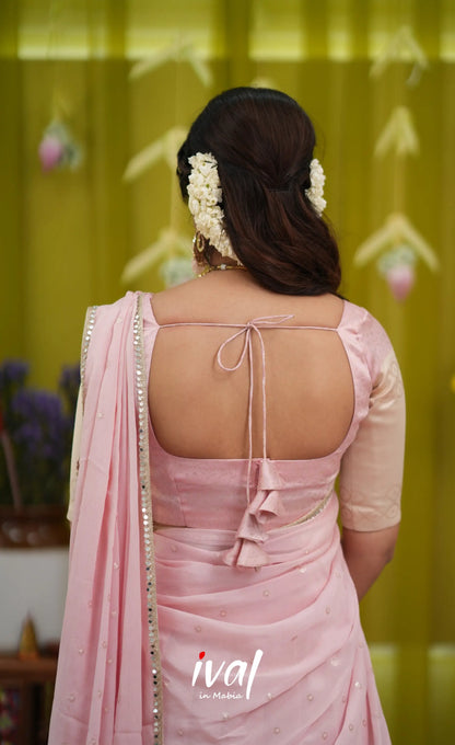 Padmakshi Blended Silk Halfsaree - Pastel Pink and Off White - Half Sarees