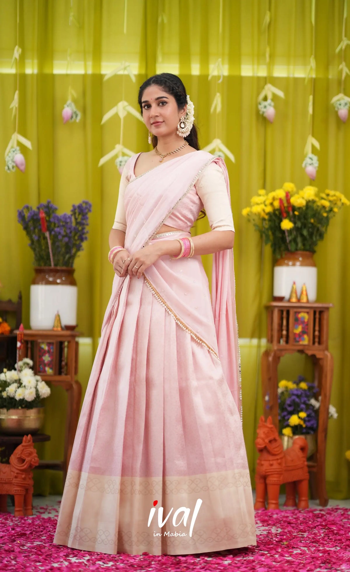 Padmakshi Blended Silk Halfsaree - Pastel Pink and Off White - Half Sarees