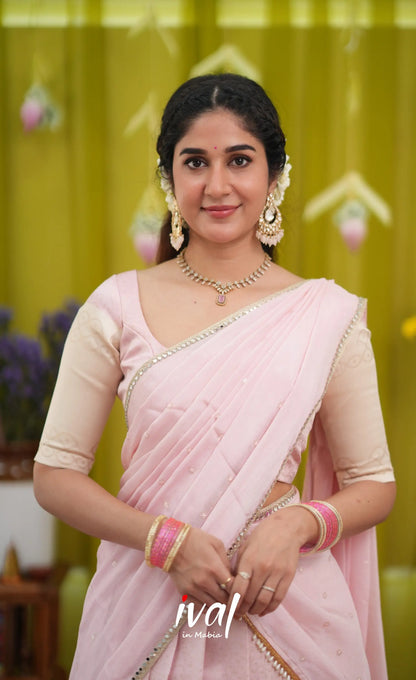 Padmakshi Blended Silk Halfsaree - Pastel Pink and Off White - Half Sarees
