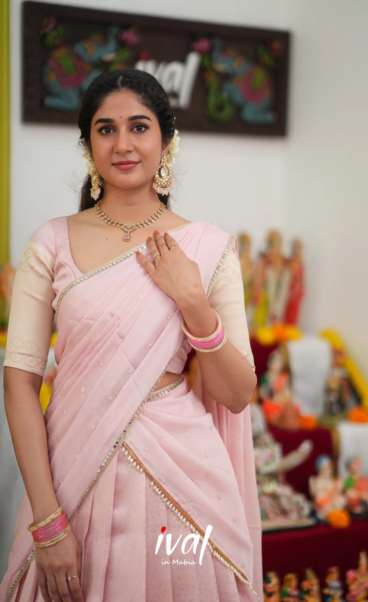 Padmakshi Blended Silk Halfsaree - Pastel Pink and Off White - Half Sarees