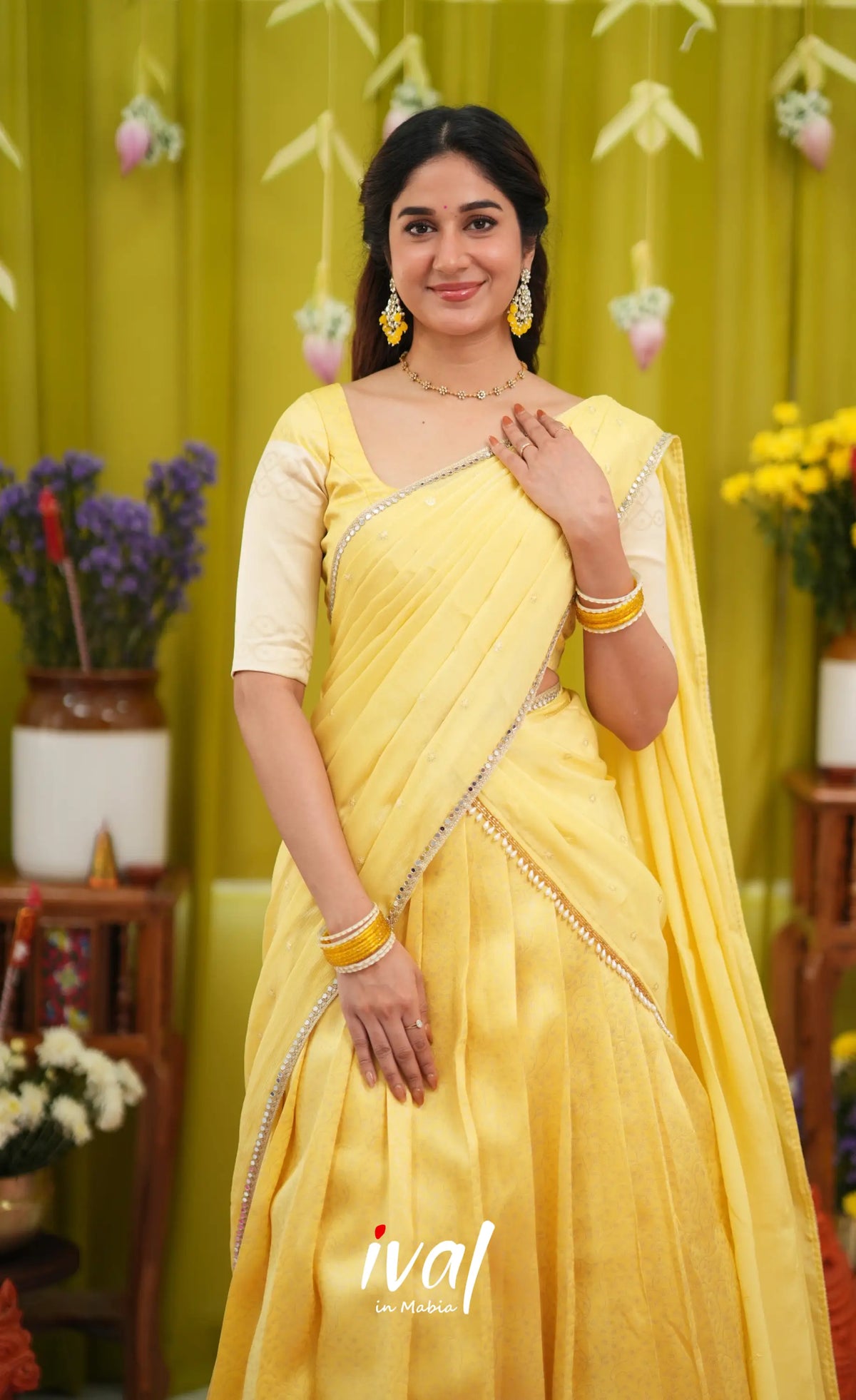 Padmakshi Blended Silk Halfsaree - Pastel Yellow and Off White - Half Sarees