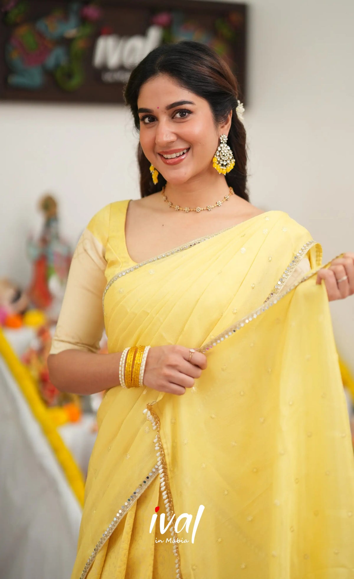 Padmakshi Blended Silk Halfsaree - Pastel Yellow and Off White - Half Sarees