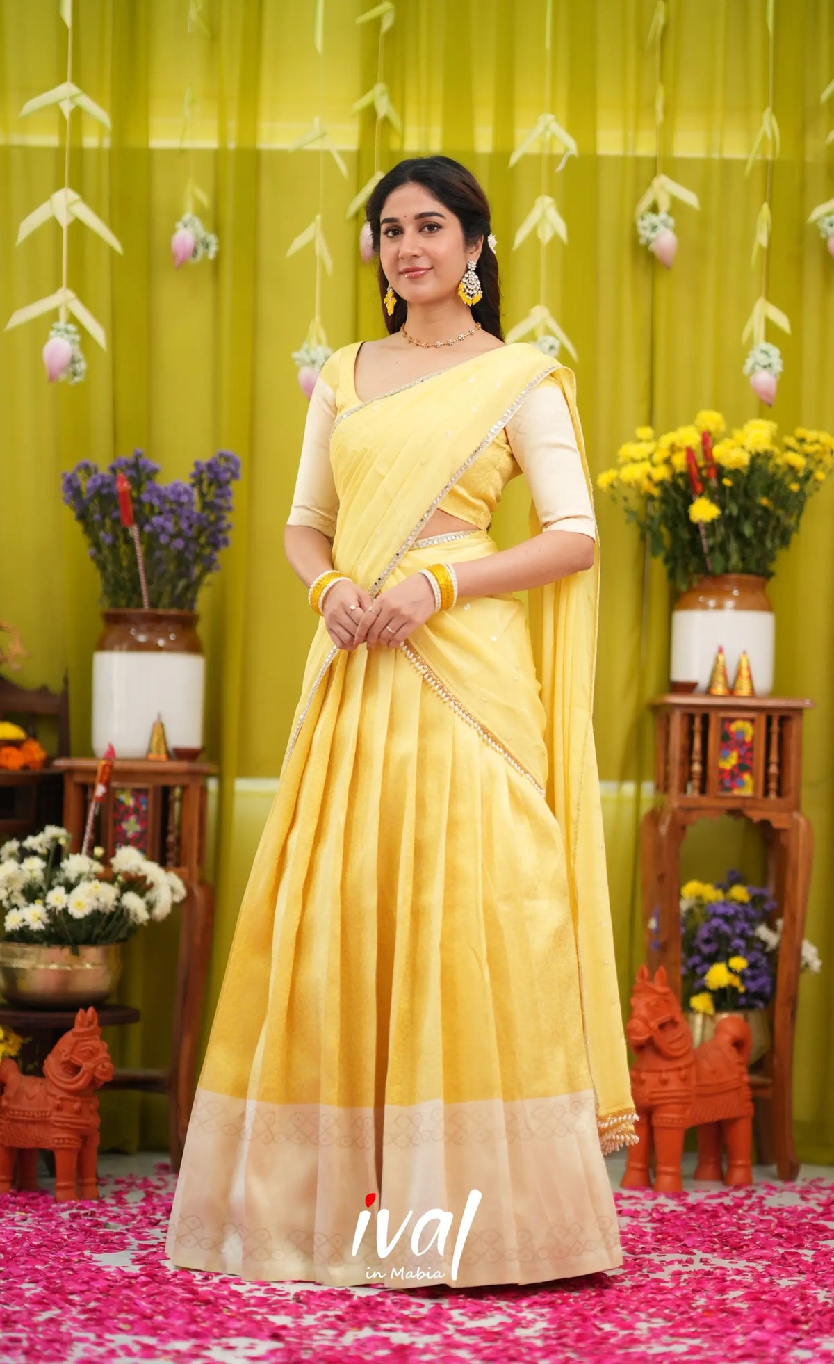Padmakshi Blended Silk Halfsaree - Pastel Yellow and Off White - Half Sarees