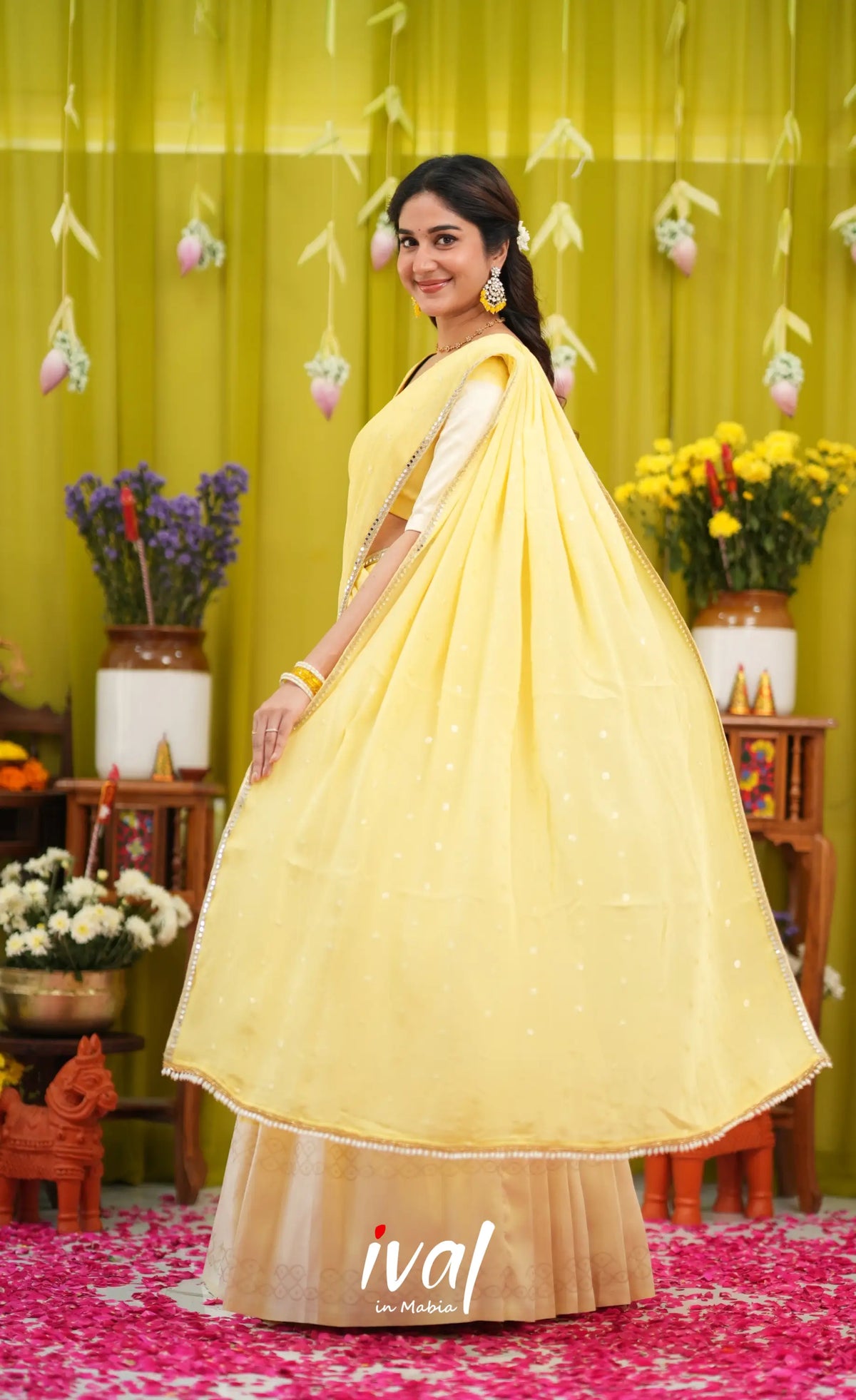 Padmakshi Blended Silk Halfsaree - Pastel Yellow and Off White - Half Sarees