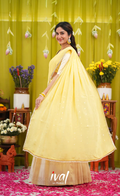 Padmakshi Blended Silk Halfsaree - Pastel Yellow and Off White - Half Sarees