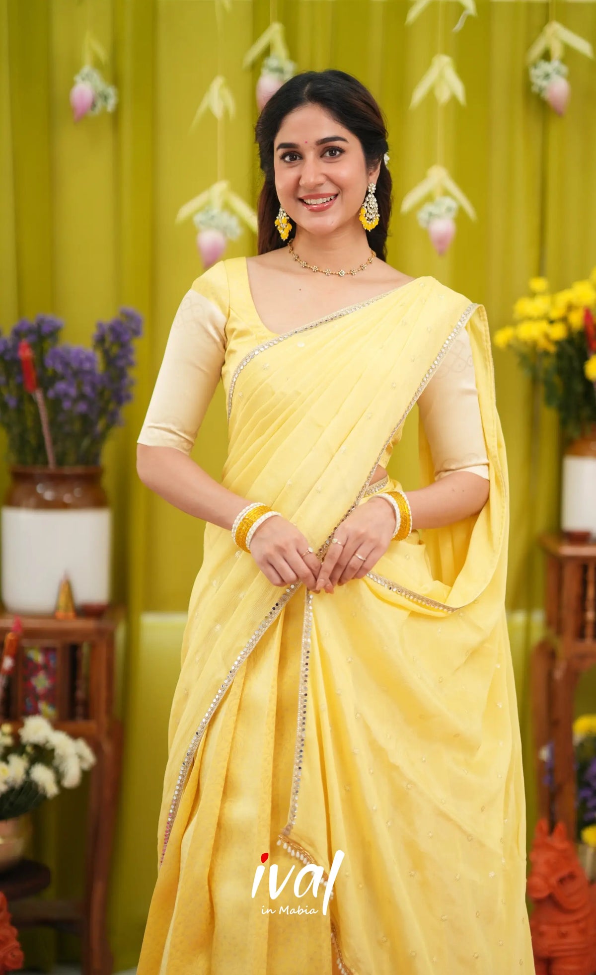Padmakshi Blended Silk Halfsaree - Pastel Yellow and Off White - Half Sarees