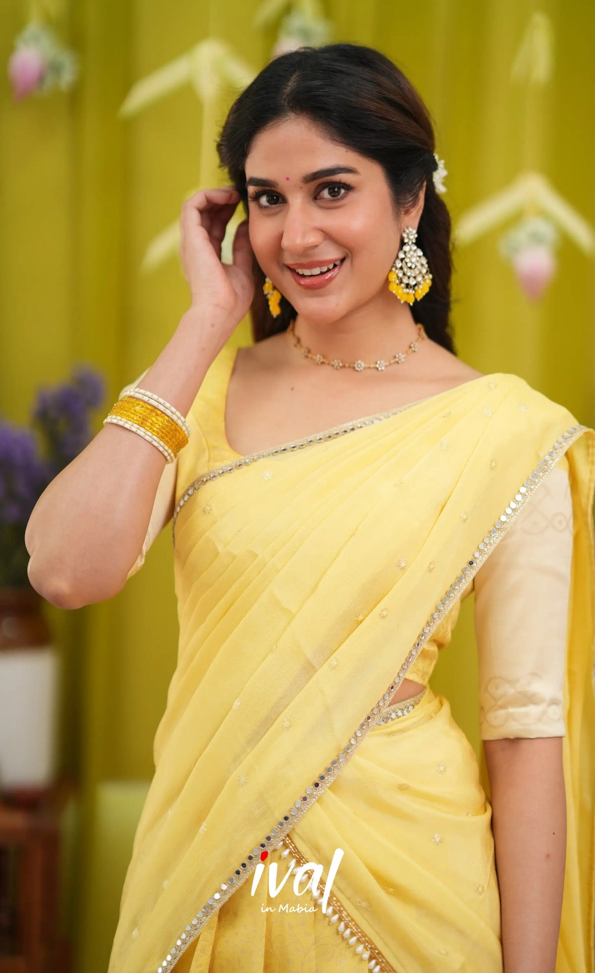 Padmakshi Blended Silk Halfsaree - Pastel Yellow and Off White - Half Sarees
