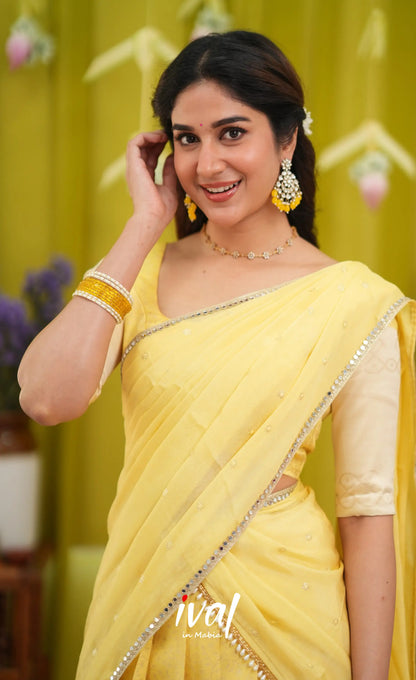 Padmakshi Blended Silk Halfsaree - Pastel Yellow and Off White - Half Sarees