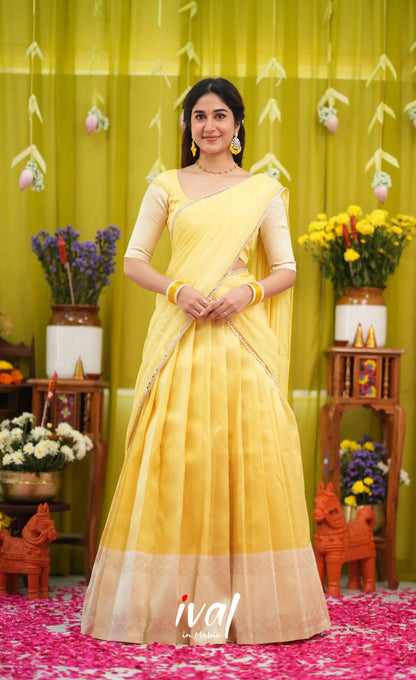 Padmakshi Blended Silk Halfsaree - Pastel Yellow and Off White - Half Sarees