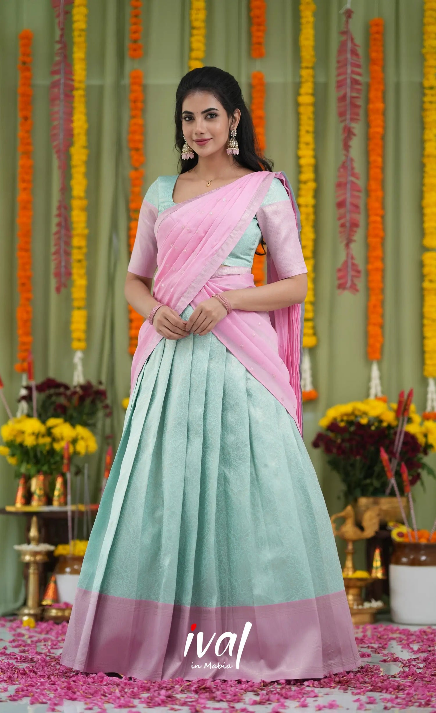 Padmakshi Blended Silk Halfsaree Sky Blue and Baby Pink Half Sarees