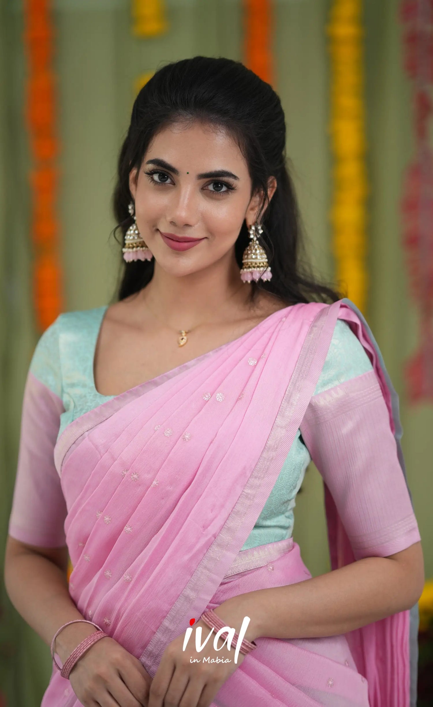 Padmakshi Blended Silk Halfsaree Sky Blue and Baby Pink Half Sarees