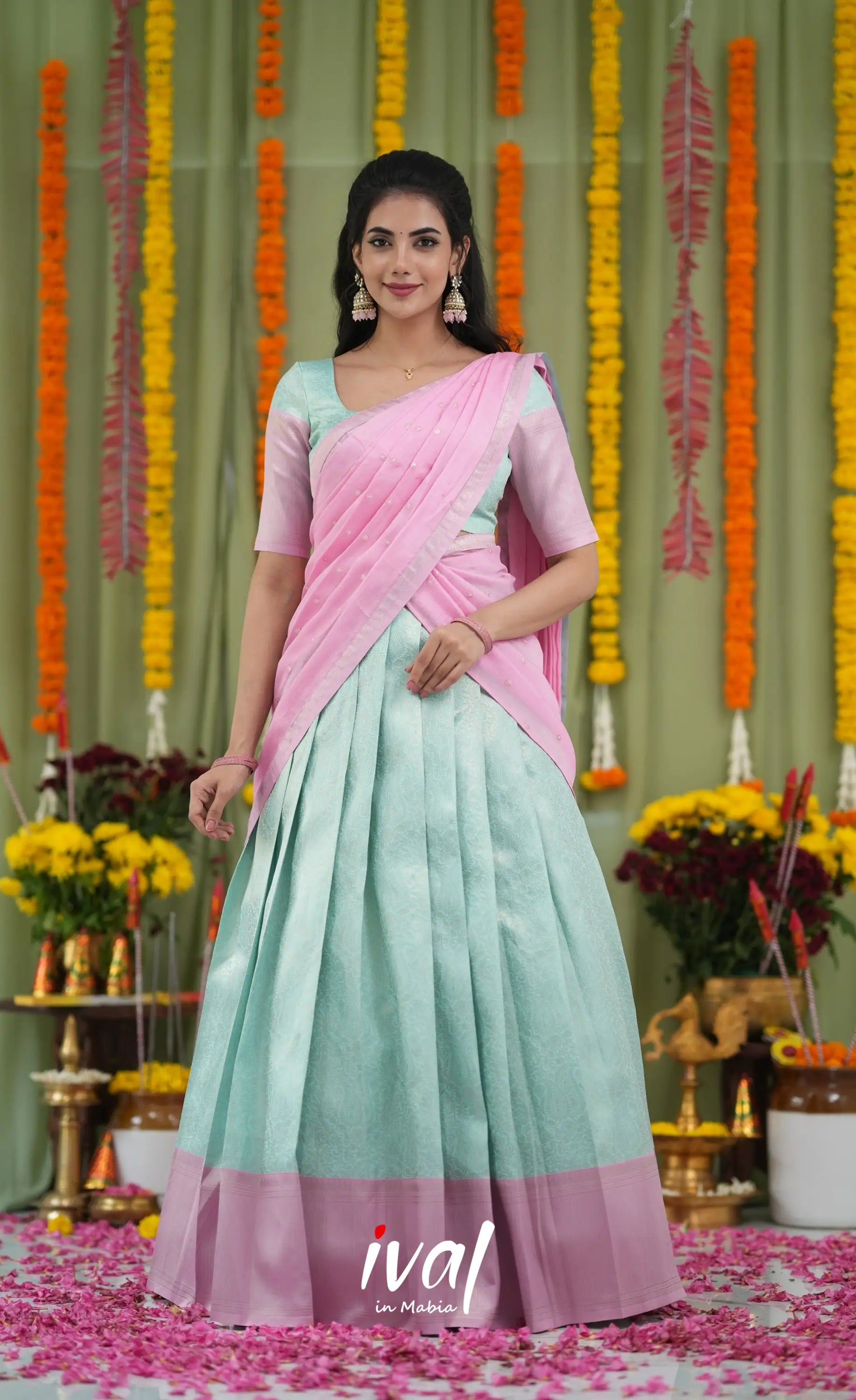 Padmakshi Blended Silk Halfsaree Sky Blue and Baby Pink Half Sarees