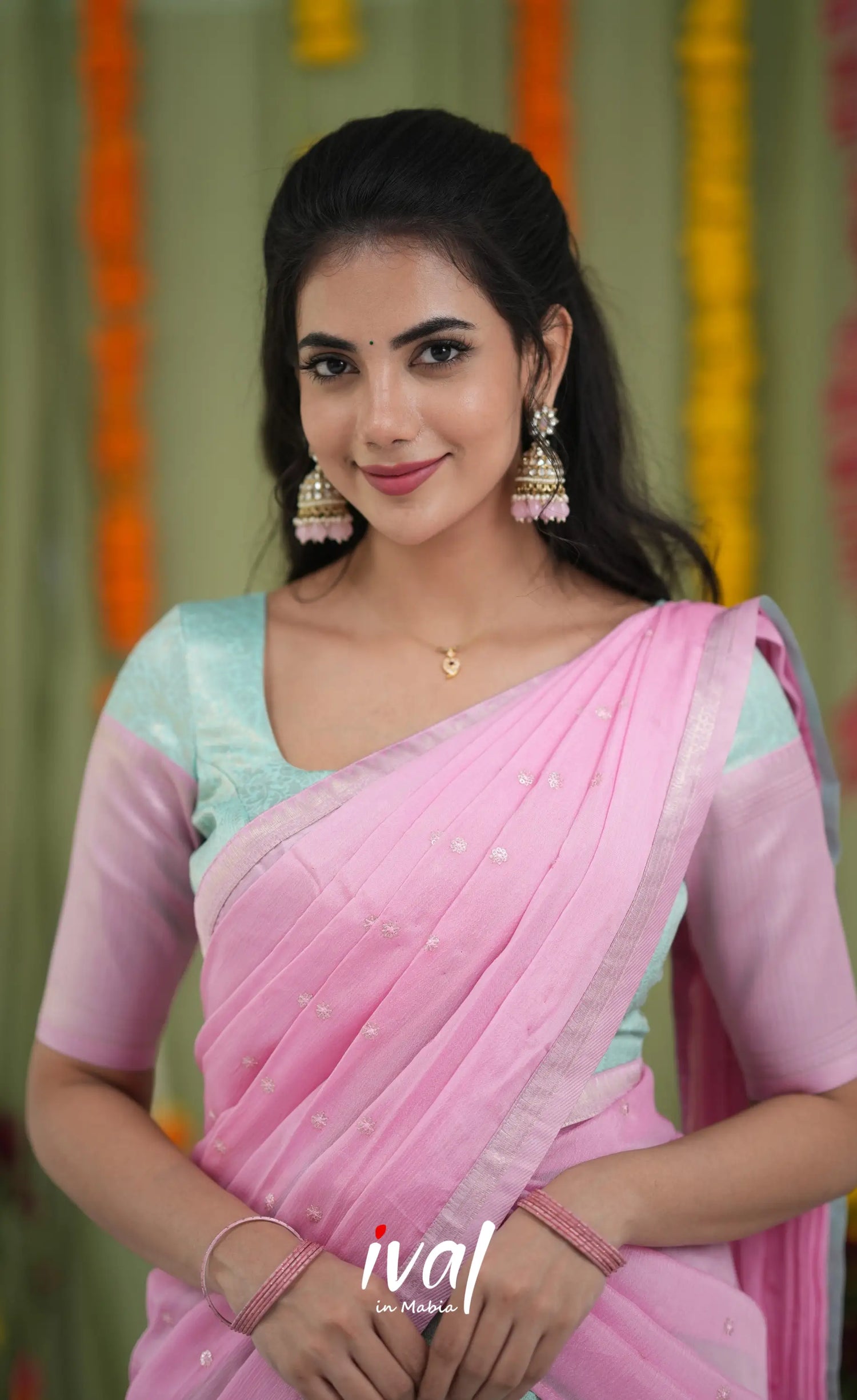 Padmakshi Blended Silk Halfsaree Sky Blue and Baby Pink Half Sarees