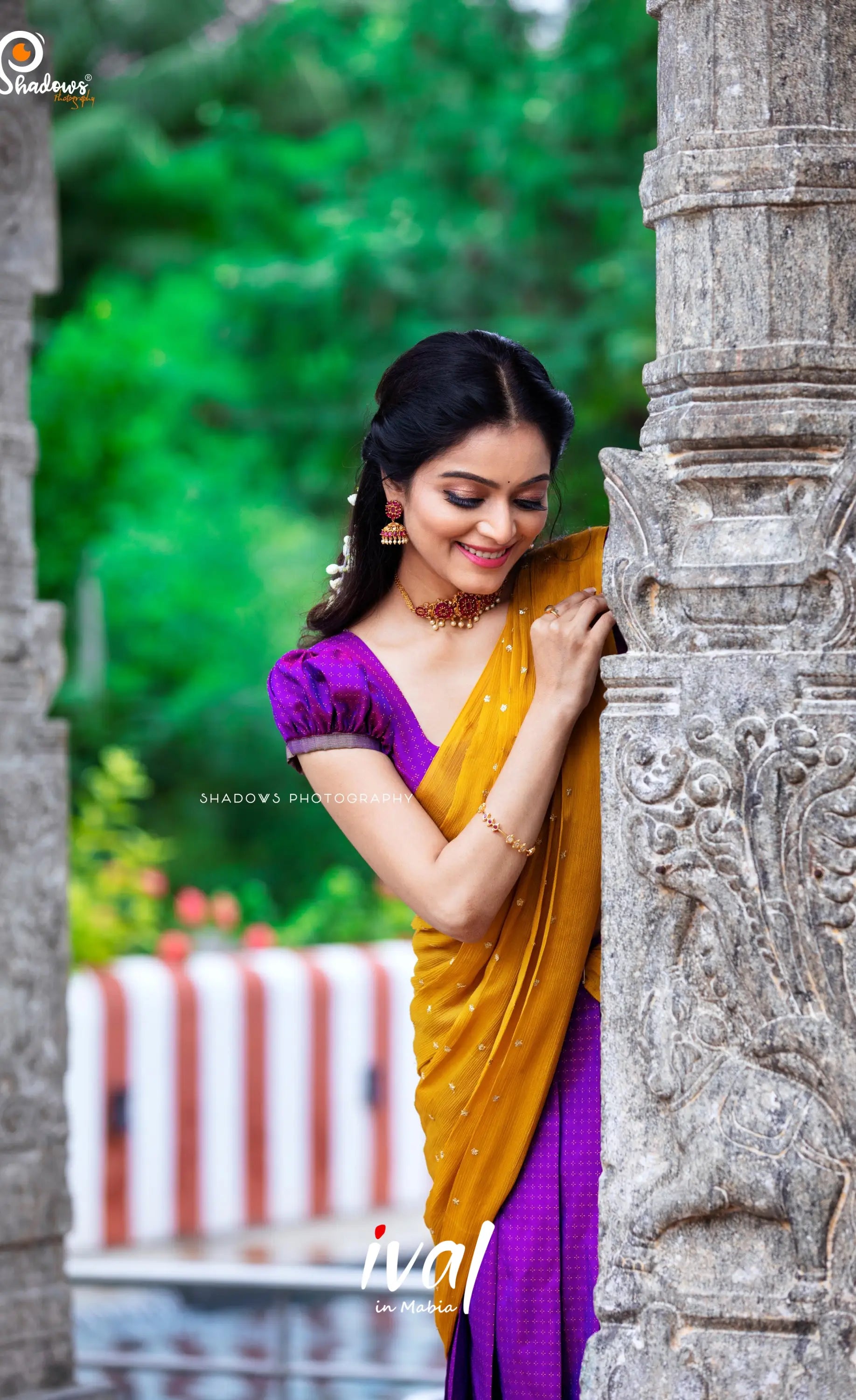 Padmakshi Blended Silk Halfsaree - Two-tone Purple and Mustard Half Sarees