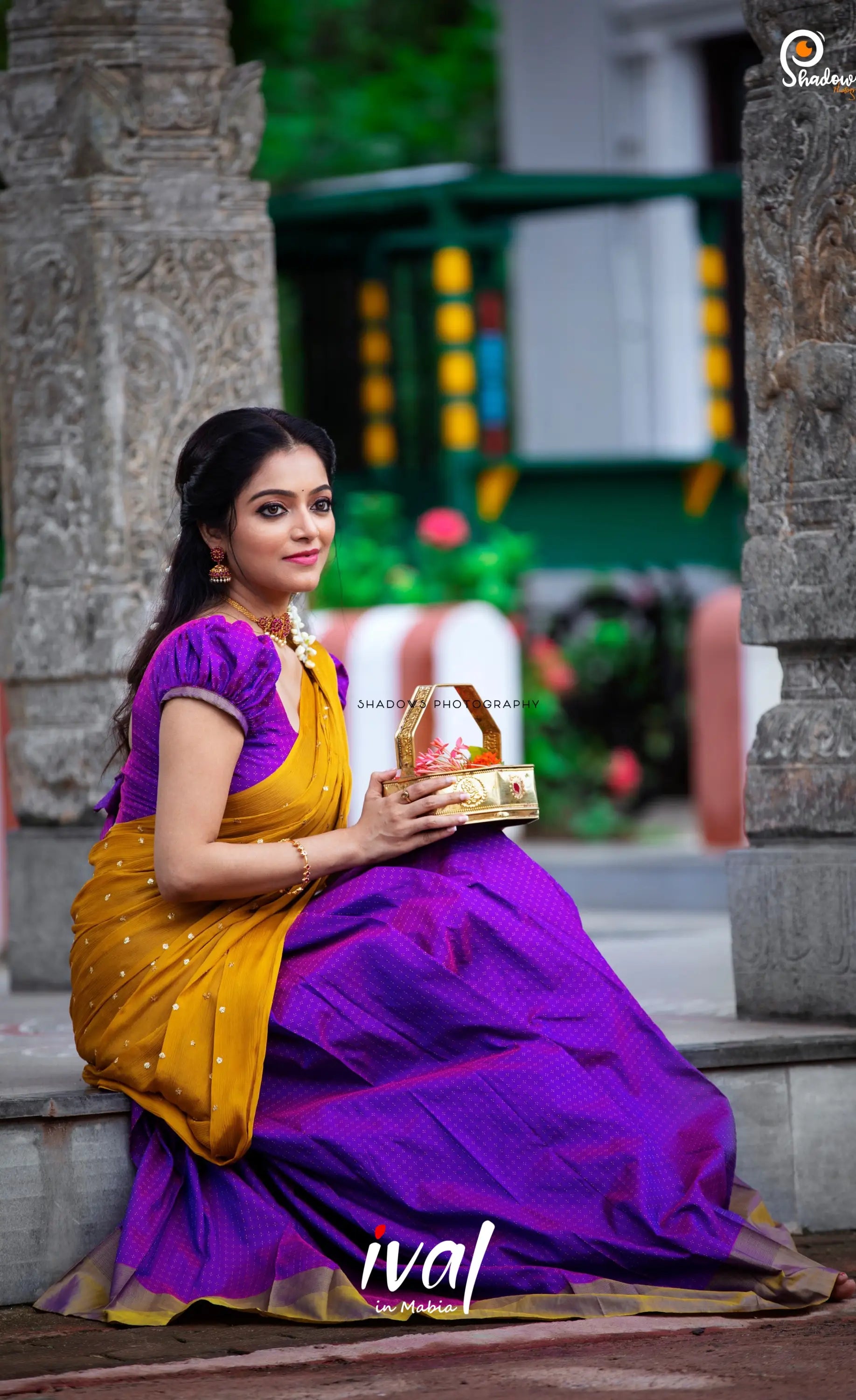 Padmakshi Blended Silk Halfsaree - Two-tone Purple and Mustard Half Sarees