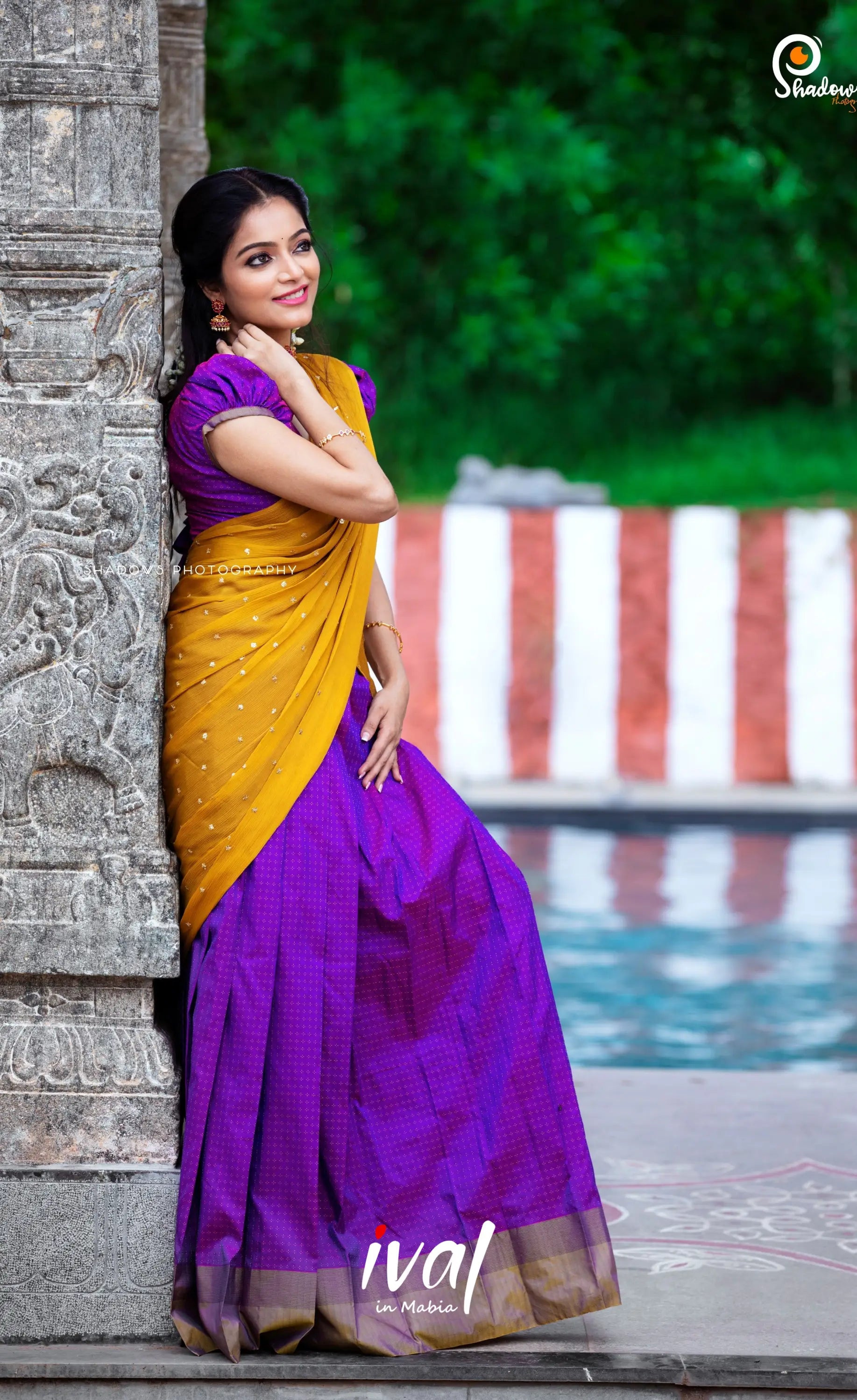 Padmakshi Blended Silk Halfsaree - Two-tone Purple and Mustard Half Sarees