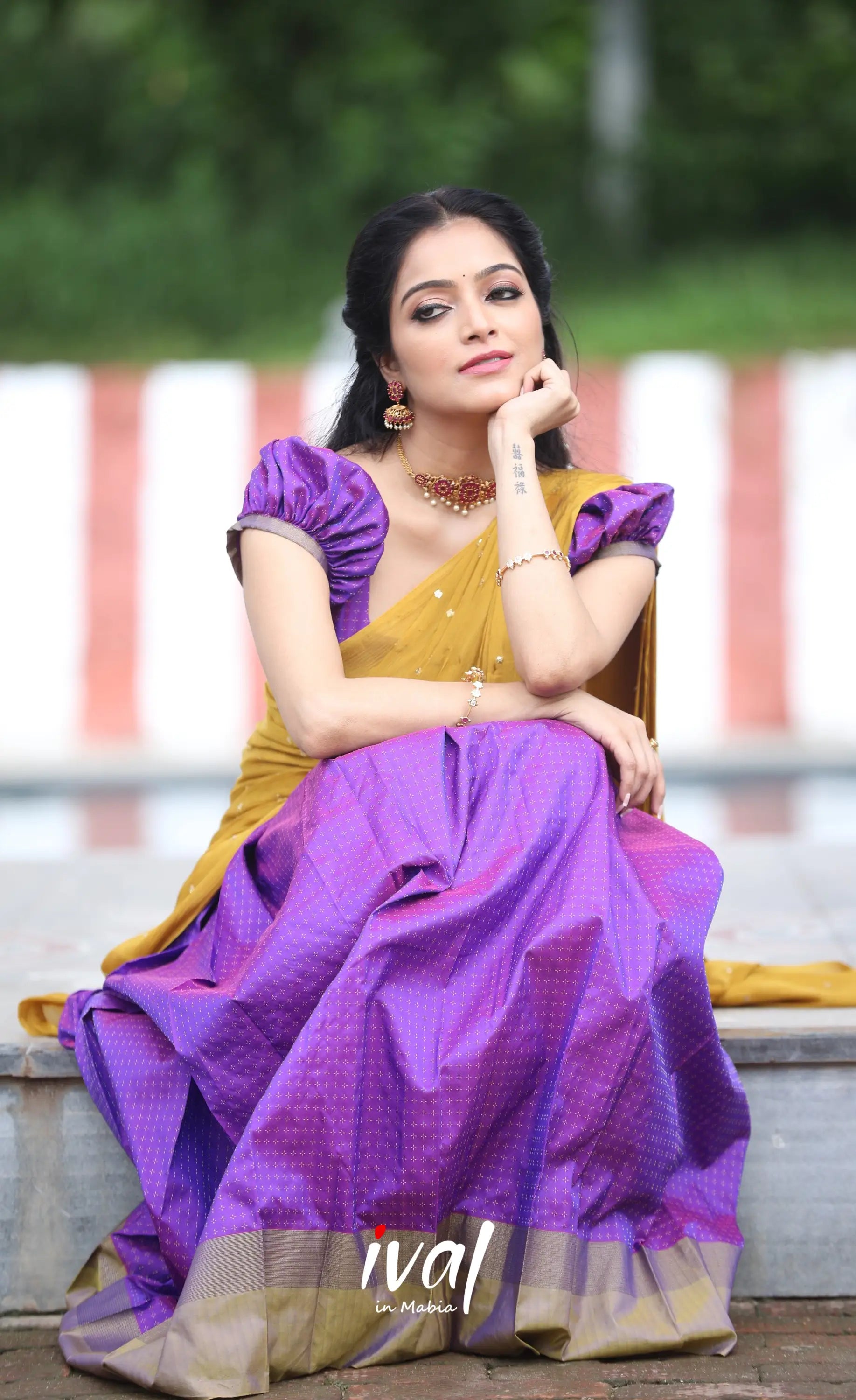 Padmakshi Blended Silk Halfsaree - Two-tone Purple and Mustard Half Sarees